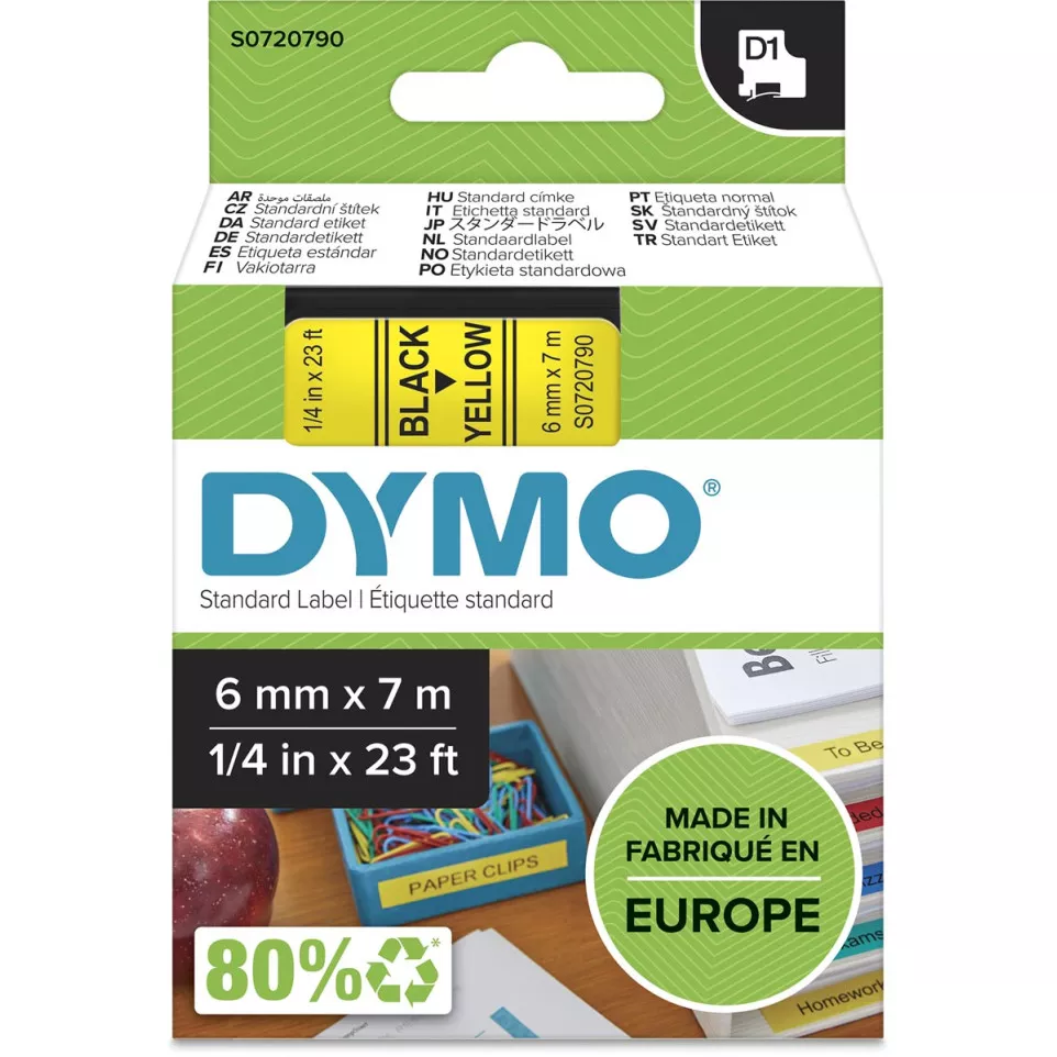 Dymo D1 ruban 6 mm, noir sur jaune