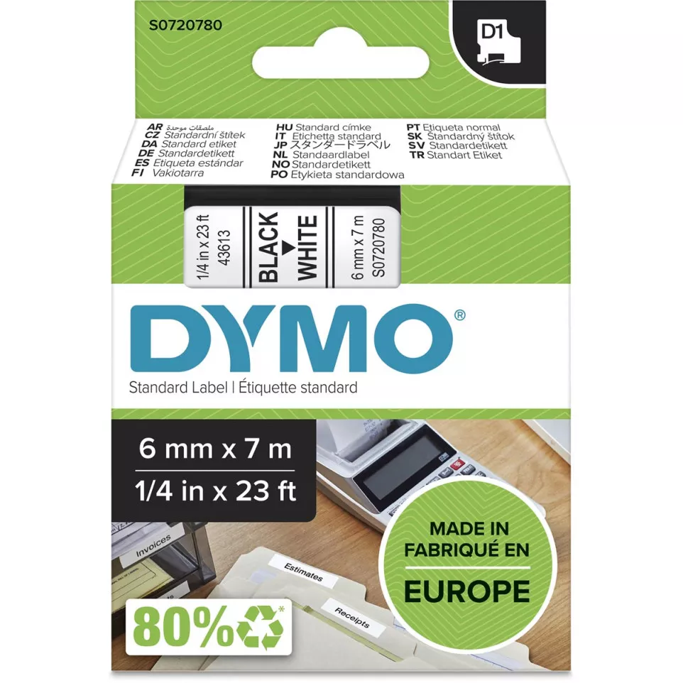 Dymo D1 ruban 6 mm, noir sur blanc