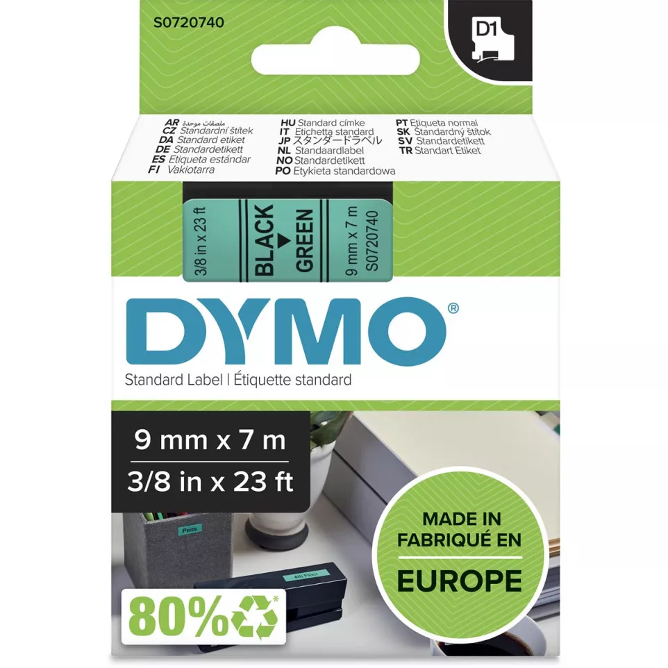 Dymo D1 ruban 9 mm, noir sur vert