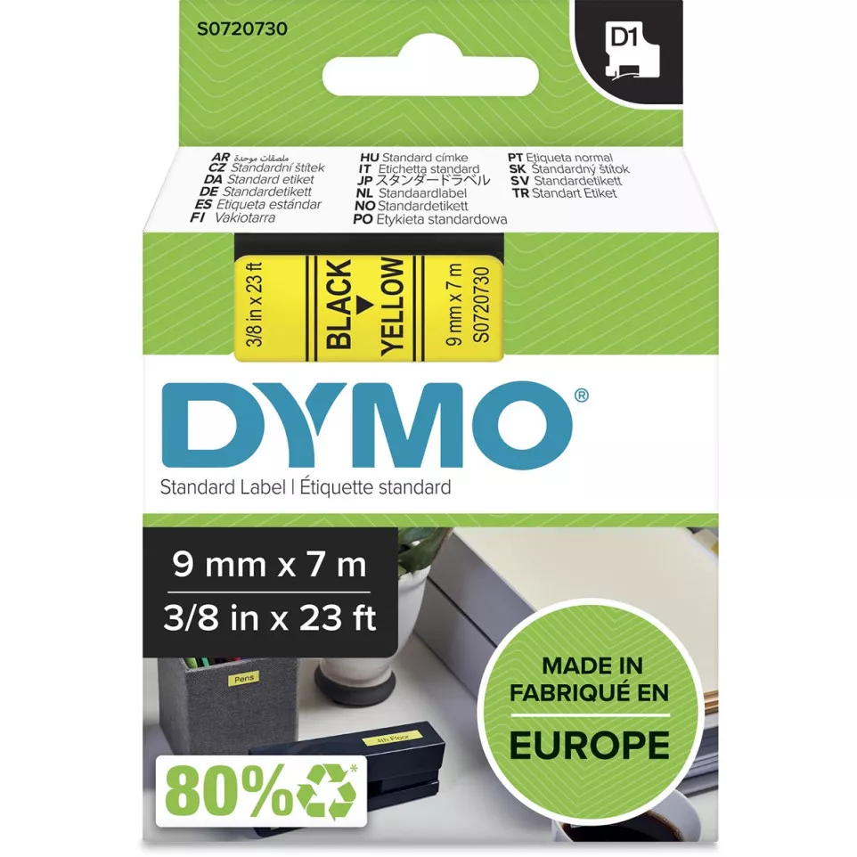 Dymo D1 tape 9 mm, zwart op geel