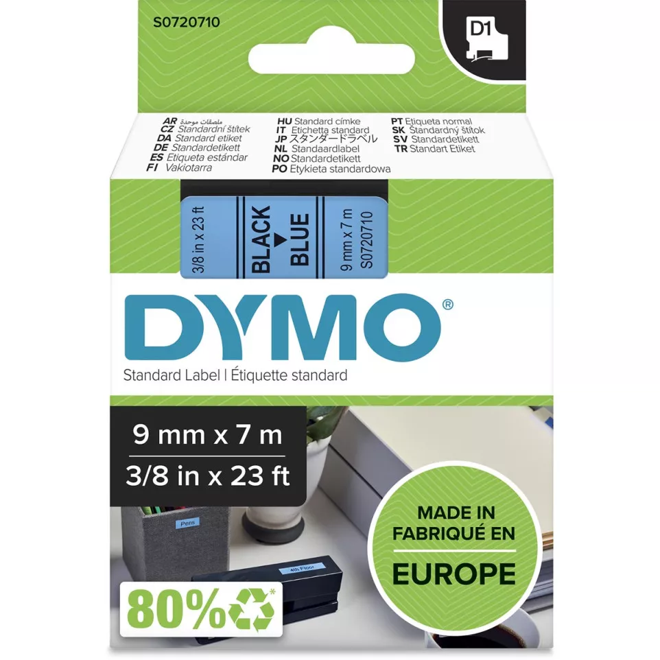 Dymo D1 ruban 9 mm, noir sur bleu