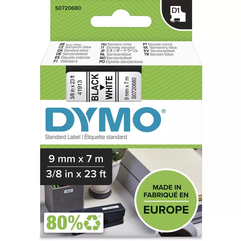Dymo D1 tape 9 mm, zwart op wit