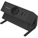 Fellowes Power Desk Grommet, 1 Socket + 1 x USB-A + 1 x USB-C, Black, for Belgium