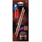 Staedtler NORIX 181 Graphite Pencil HB Set with Sharpener and Eraser, Coral, Blister Pack of 2