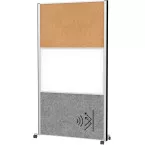 MAULconnecto mobile office partition with 1 whiteboard, 1 corkboard, 1 dark grey panel, silver frame