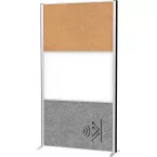MAULconnecto office partition with 1 whiteboard, 1 cork board, 1 dark grey panel, silver frame, on feet