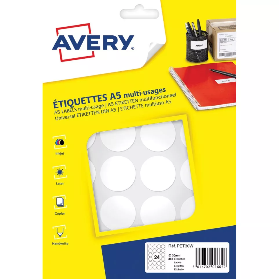 Avery PET30W Round White Labels, 30mm...