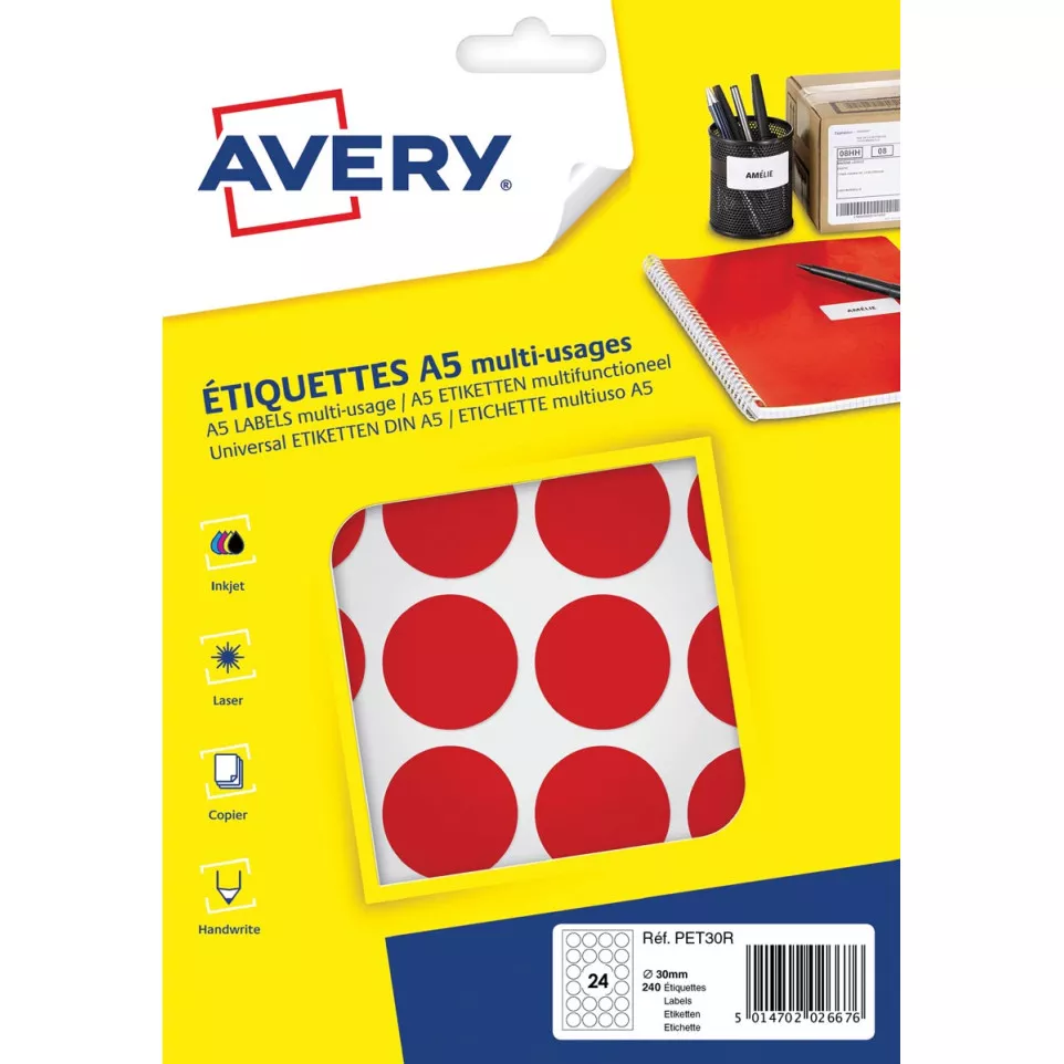 Avery 240 Round Red Labels, 30 mm...