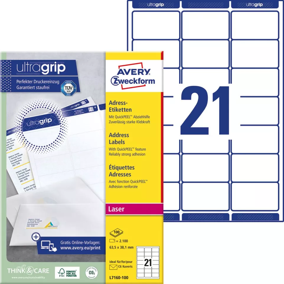 Avery L7160, Adresetiketten, Laser,...