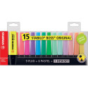 STABILO BOSS ORIGINAL Pastel surligneur, deskset de 15 pièces en couleurs assorties