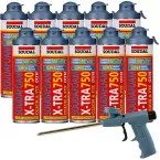 Kit de 9 aérosols mousses PU Soudafoam X -TRA pistolable Click & Fix avec 1 pistolet et 1 nettoyant / pce