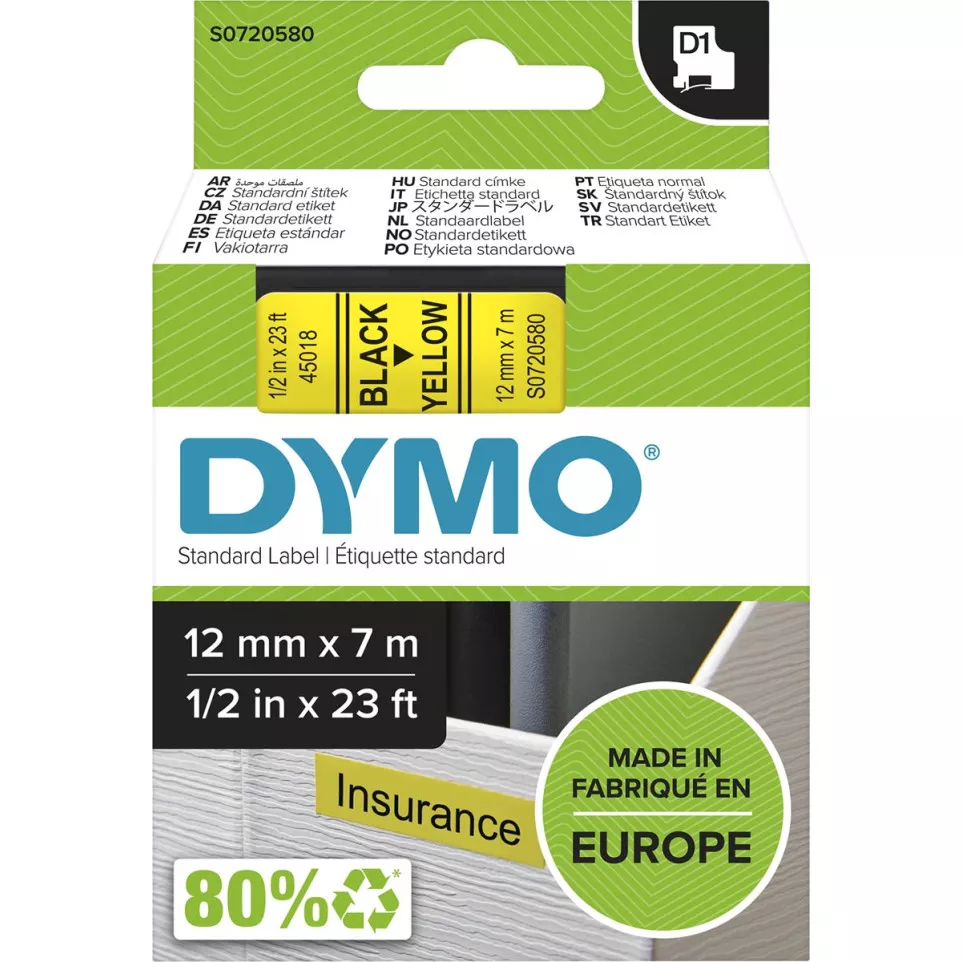 DYMO D1 Label Tape 12mm Black on Yellow