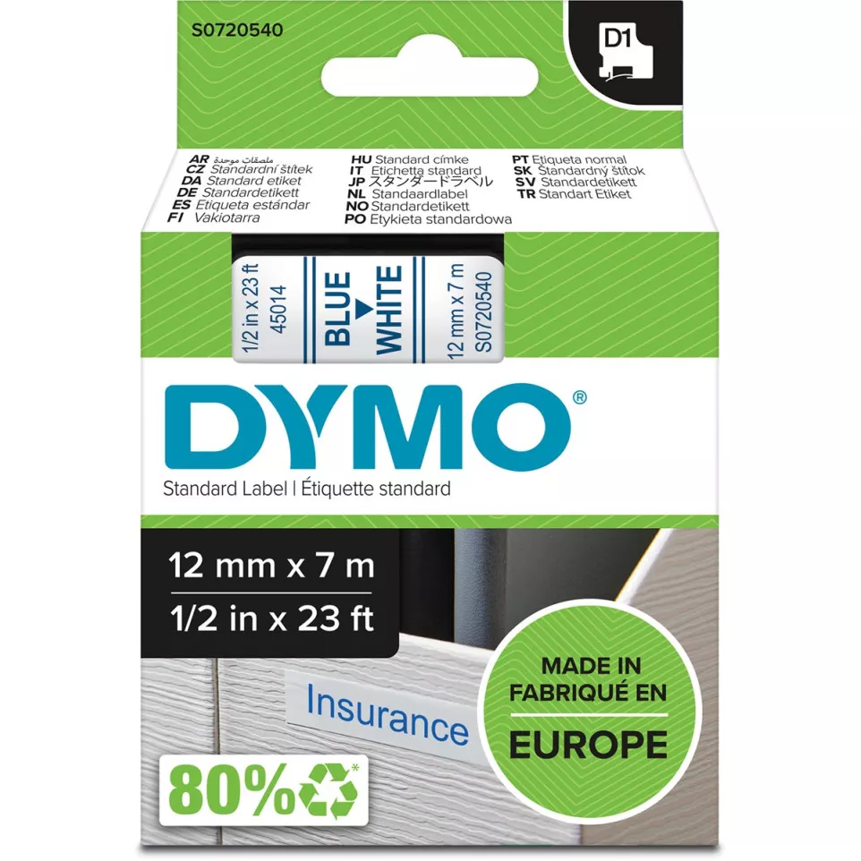 Dymo D1 ruban 12 mm, bleu sur blanc