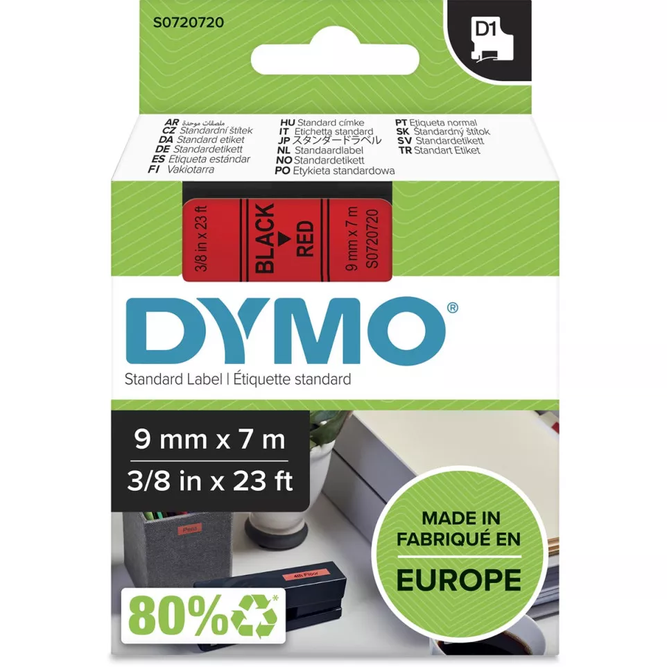 Dymo D1 ruban 9 mm, noir sur rouge