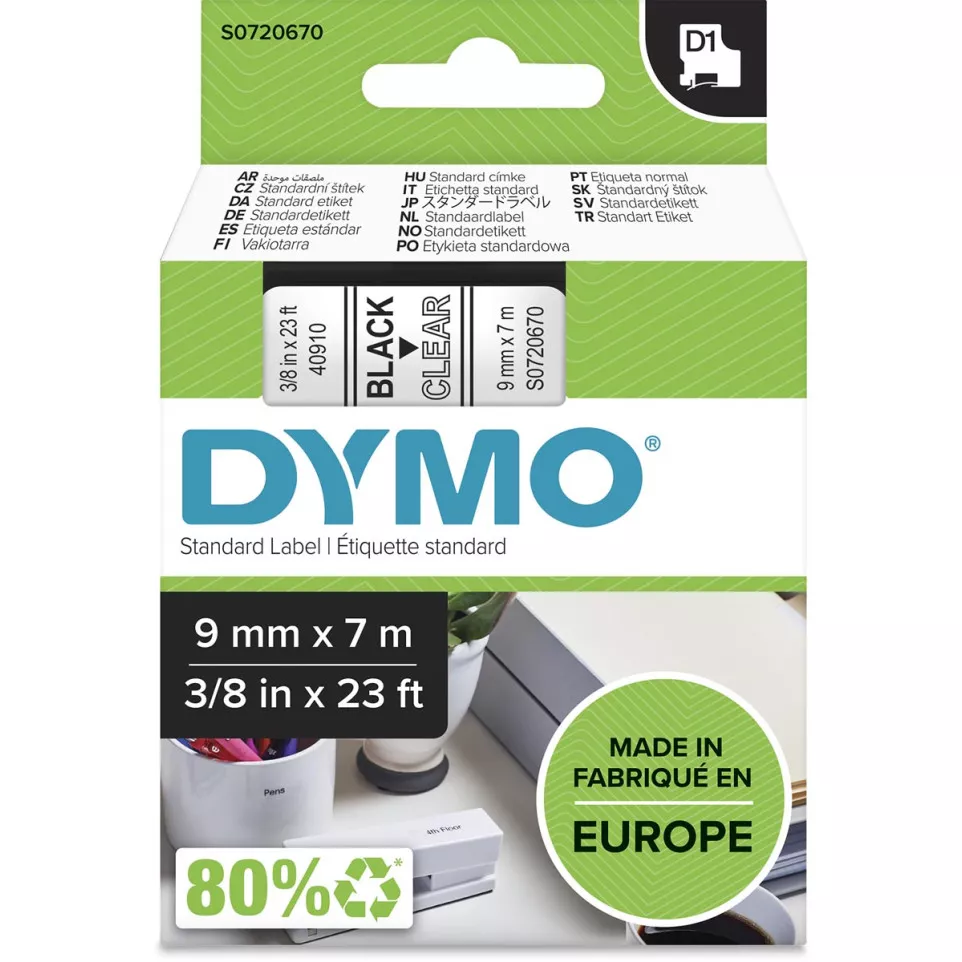 Dymo D1 tape 9 mm, zwart op transparant