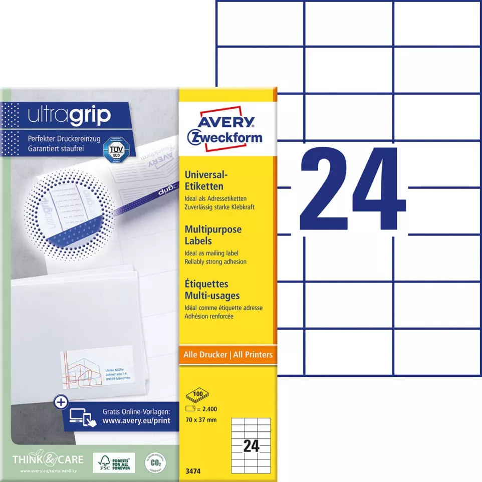 Avery Zweckform Labels, 70 x 37 mm,...