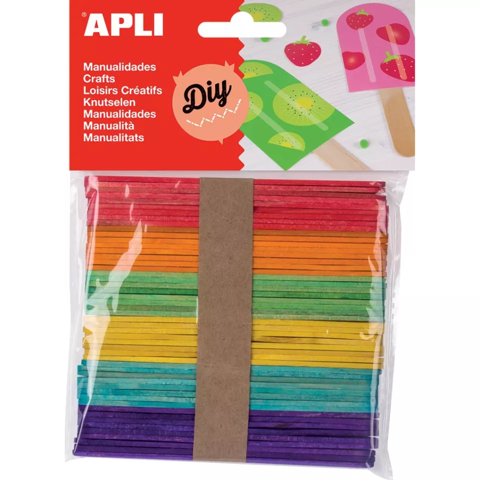 Apli gekleurde houten sticks, blister...