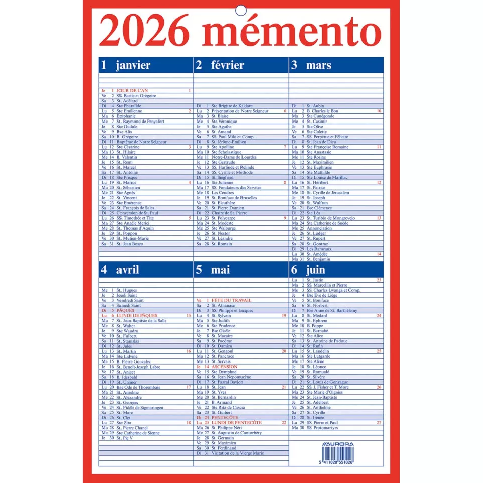 Aurora Memento Calendar French 2026