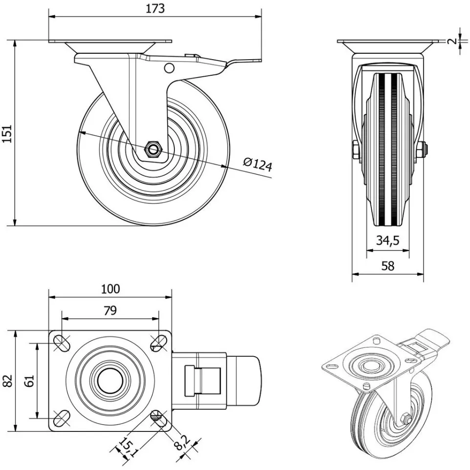 Set 4 roulettes caoutchouc Ø 125mm...