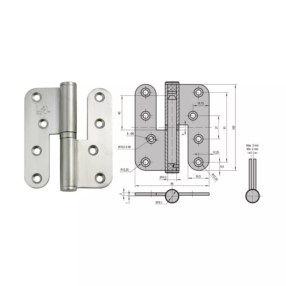 Paumelle en inox 304 18/8, 86 x 100...