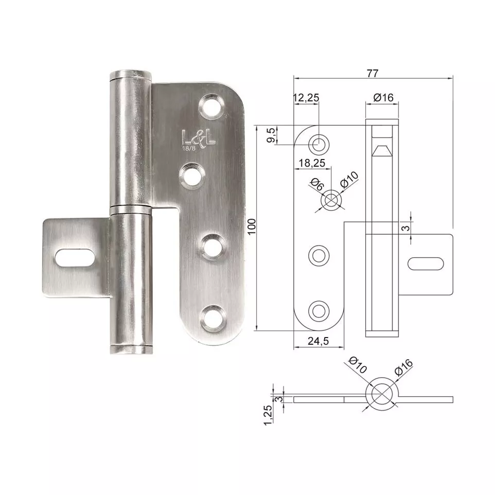 Paumelle 100x77 Ø16mm huisserie...