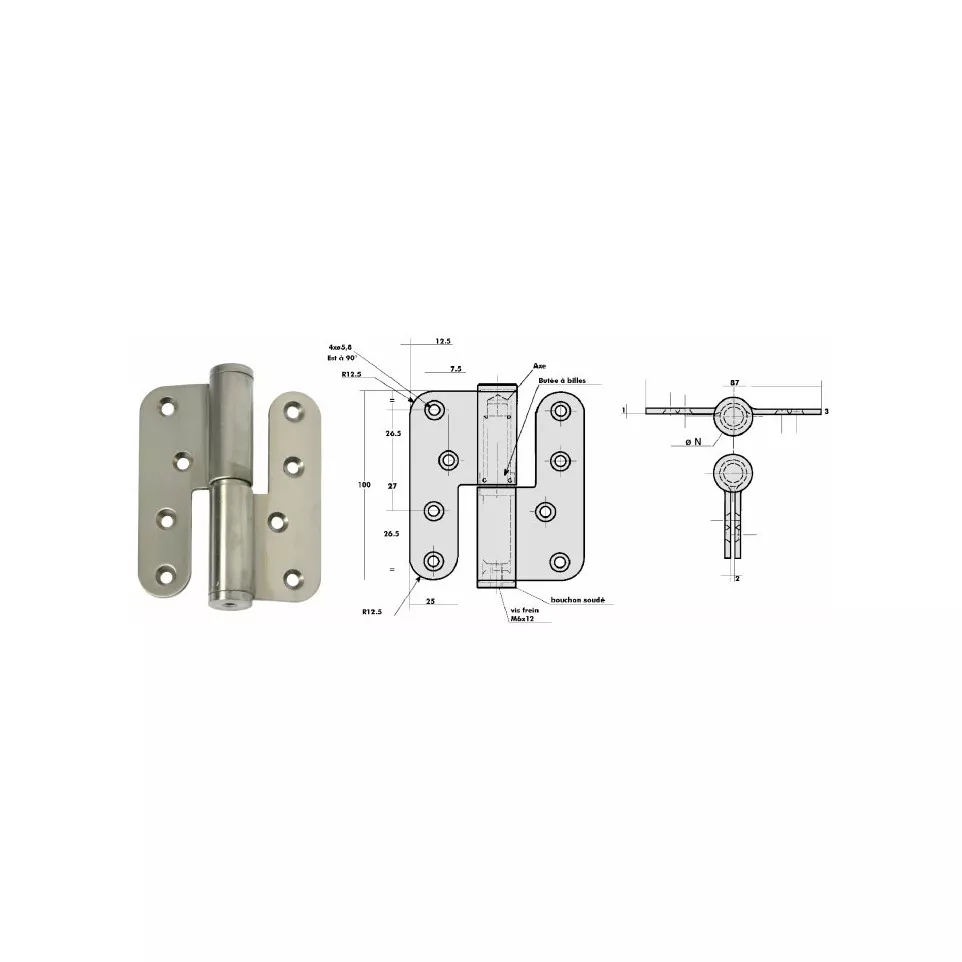 Paumelle inox 100x87 Ø20mm réglable...