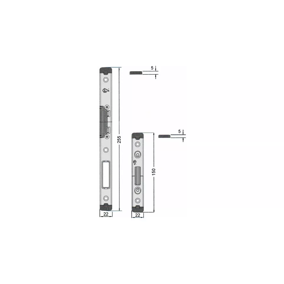 Gâche centrale U22x8,5mm inox droite...