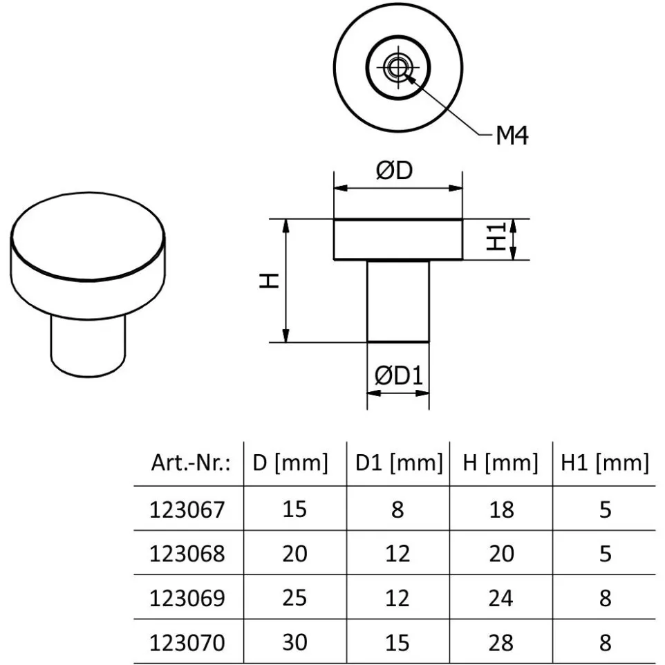 Bouton rond plat sur pied Ø15mm inox...
