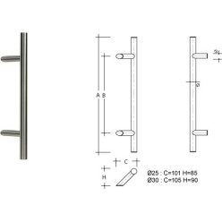Tirant de porte T déporté Ø30 ES300.9 800/1000mm inox brossé / pce
