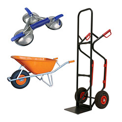 Wheelbarrows, hand trucks, panel holders and suction cups