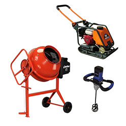 Betonmixers, mixers en trilmachines
